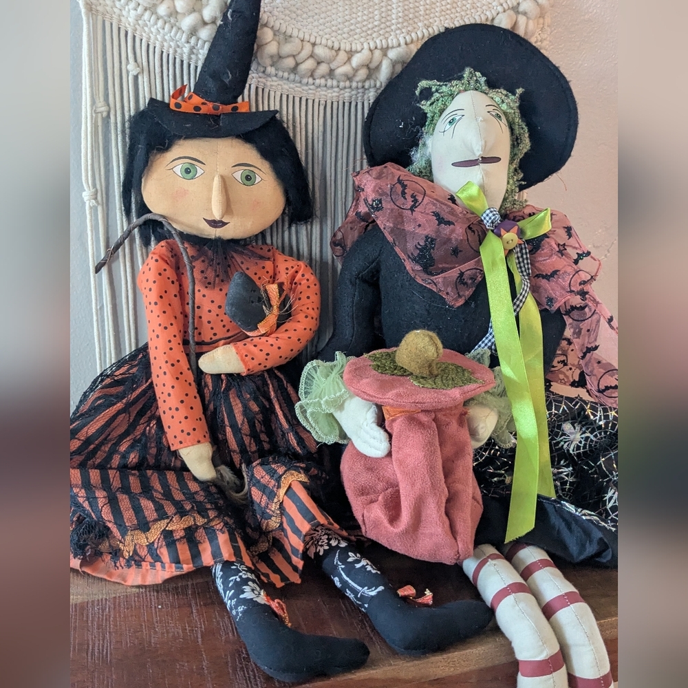 Set of 2 Primitive Folk Art Witches | Large 30" & 33" | Rustic Halloween Decor